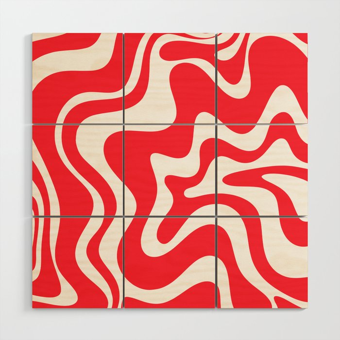 Retro Liquid Swirl Abstract Pattern Bright Red and White Wood Wall Art