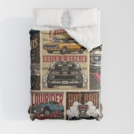 Custom cars vintage colorful posters with lowrider muscle and hot rod cars turbo engine classic retro automobile pretty tattooed woman holding spanner vintage illustration Comforter