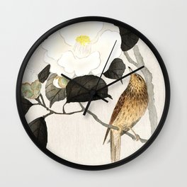 Nightingale on a flowering Camellia - Japanese vintage woodblock print art Wall Clock