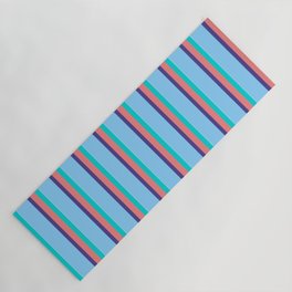 [ Thumbnail: Dark Turquoise, Light Coral, Dark Slate Blue, Light Sky Blue & White Colored Pattern of Stripes Yoga Mat ]