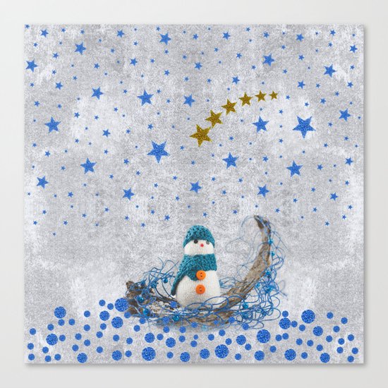 Snowman with sparkly blue stars Canvas Print