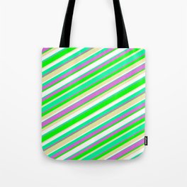 [ Thumbnail: Vibrant Green, Orchid, Lime, Pale Goldenrod, and White Colored Pattern of Stripes Tote Bag ]