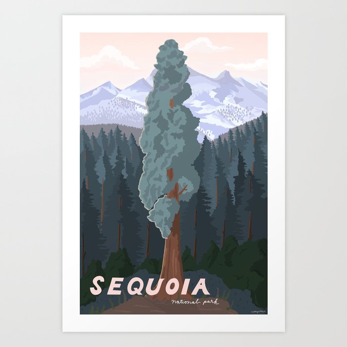 Sequoia National Park, California, Redwood Tree Forest, Vintage Style Poster Art Print