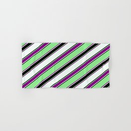[ Thumbnail: Light Green, Purple, Mint Cream & Black Colored Lines Pattern Hand & Bath Towel ]