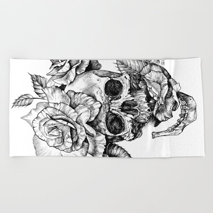 Black And White Skull With Roses Pen Drawing Beach Towel By