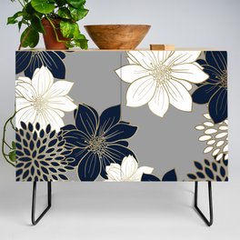 Floral Garden, White, Navy, Grey Credenza