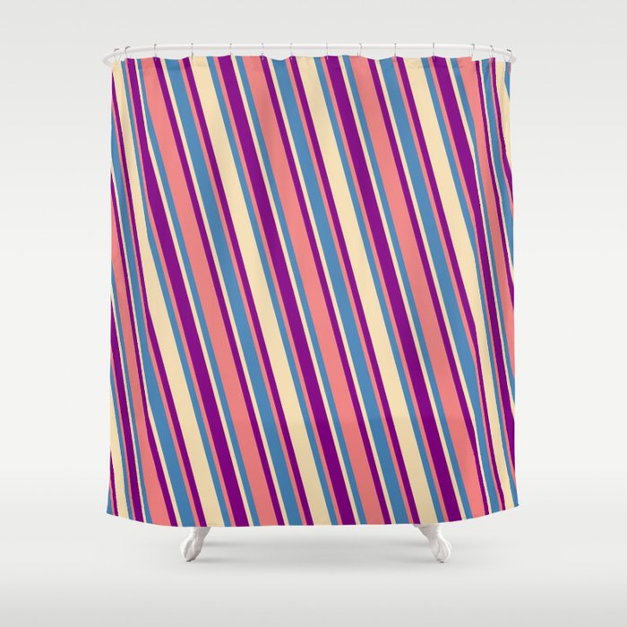Blue, Tan, Purple & Light Coral Colored Pattern of Stripes Shower Curtain