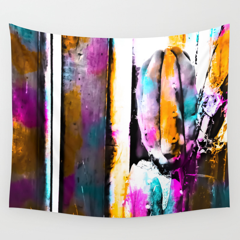 Cactus With Wooden Background And Colorful Painting Abstract In