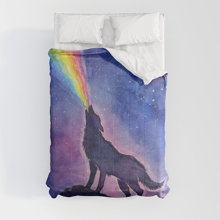 Galaxy Wolf Howling Rainbow Comforter