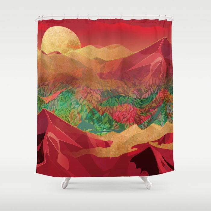 Tropical Golden Sunset Over Fantasy Pink Forest Shower Curtain