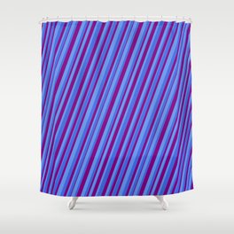 [ Thumbnail: Cornflower Blue, Royal Blue & Purple Colored Pattern of Stripes Shower Curtain ]