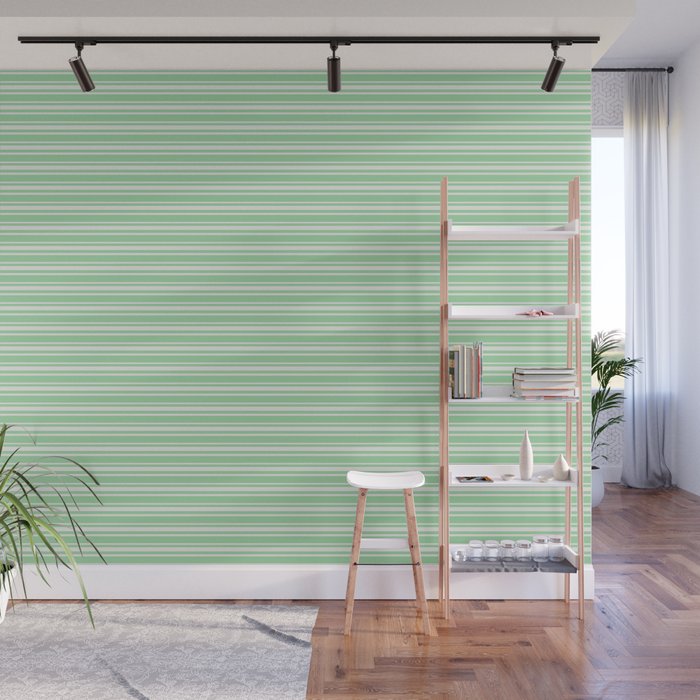 Linen Off White Horizontal Line Pattern 2 on Pastel Green Pairs to 2020 Color of the Year Neo Mint Wall Mural