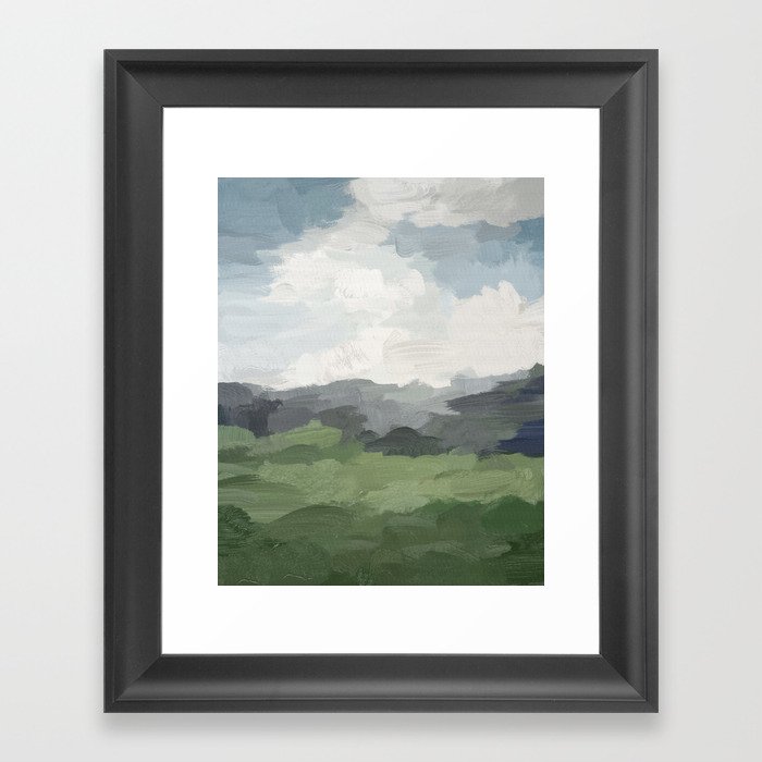 New Beginnings - Sky Blue and Forest Green Rural Country Farm Land Nature Abstract Painting Art Framed Art Print