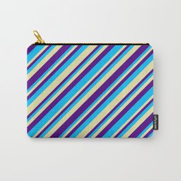 [ Thumbnail: Pale Goldenrod, Indigo & Deep Sky Blue Colored Stripes/Lines Pattern Carry-All Pouch ]
