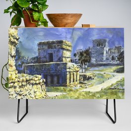 Tulum Mayan ruins in Mexico.  Watercolor painting of Mayan ruins in Tulum in Yucatan Peninsula- Mexico Credenza