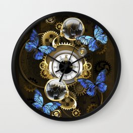 Steampunk Gears and Blue Butterflies Wall Clock