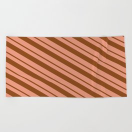 [ Thumbnail: Dark Salmon & Brown Colored Lined Pattern Beach Towel ]