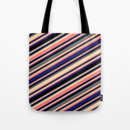 [ Thumbnail: Vibrant Black, Dim Gray, Tan, Salmon & Midnight Blue Colored Stripes Pattern Tote Bag ]