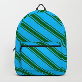 [ Thumbnail: Deep Sky Blue & Dark Green Colored Stripes/Lines Pattern Backpack ]