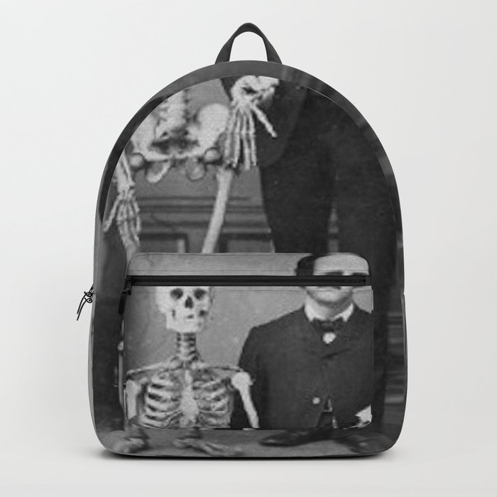 Edgar Allan Poe with Skull and Skeleton macabre black and white photograph Backpack