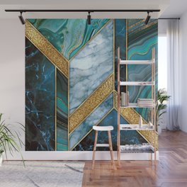 Art Deco Peacock Teal + Gold Marble Geode Chevron Wall Mural