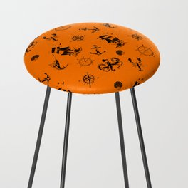 Orange And Black Silhouettes Of Vintage Nautical Pattern Counter Stool