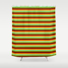 [ Thumbnail: Green, Maroon, Dark Orange, and Light Green Colored Striped Pattern Shower Curtain ]