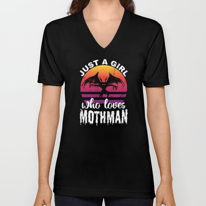 Just a Girl who loves Mothman Retro Sunset Womens V Neck T Shirt