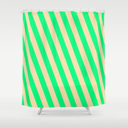 [ Thumbnail: Green and Tan Colored Pattern of Stripes Shower Curtain ]