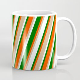 [ Thumbnail: Tan, Mint Cream, Dark Green & Red Colored Stripes Pattern Coffee Mug ]
