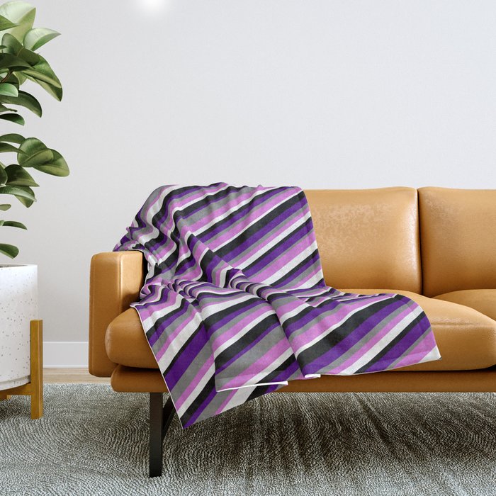 Vibrant Gray, Orchid, White, Black & Indigo Colored Stripes/Lines Pattern Throw Blanket