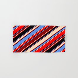[ Thumbnail: Cornflower Blue, Dark Red, Bisque, Red & Black Colored Stripes Pattern Hand & Bath Towel ]