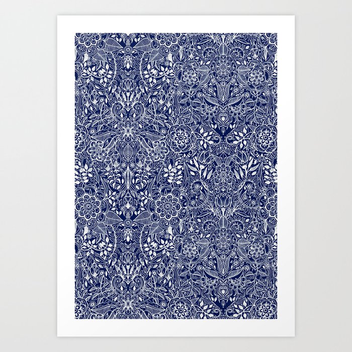 Detailed Floral Pattern in White on Navy Art Print