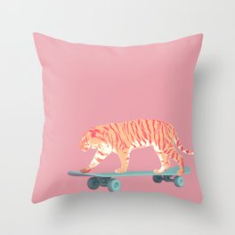 Skateboarding Pink Tiger Throw Pillow