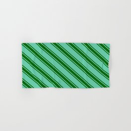 [ Thumbnail: Aquamarine & Dark Green Colored Stripes/Lines Pattern Hand & Bath Towel ]