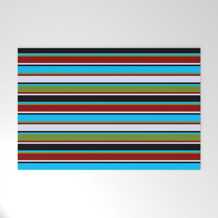 Eyecatching Deep Sky Blue, Green, Dark Red, Lavender, and Black Colored Lines/Stripes Pattern Welcome Mat