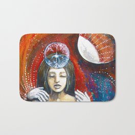 Threshold /  Moon Luna Woman Stars Meditate Consciousness Red Blue White Bath Mat | Stars, Blue, Angel, Redtent, Lunamoth, Butterfly, Wisewoman, Crescent, Spiritguide, Woman 