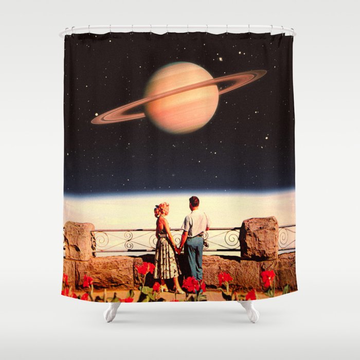 Lovers In Space - Romantic Sci-Fi Retro-Futurism Design Shower Curtain