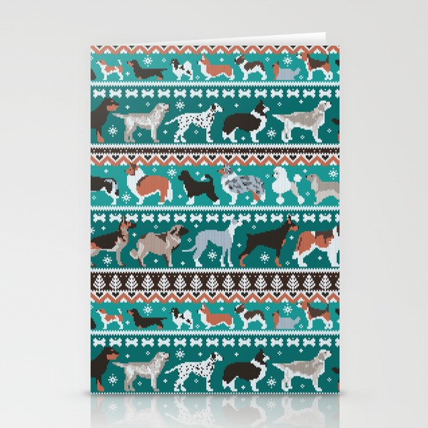 Fluffy and bright fair isle knitting doggie friends // pine and java green background brown orange white and grey dog breeds  Stationery Cards