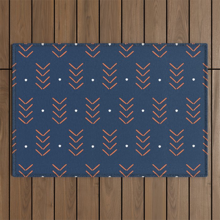 Arrow Lines Geometric Pattern 1 in Navy Blue and Orange Outdoor Rug