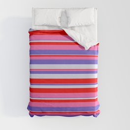 [ Thumbnail: Slate Blue, Lavender, Red & Hot Pink Colored Stripes/Lines Pattern Duvet Cover ]