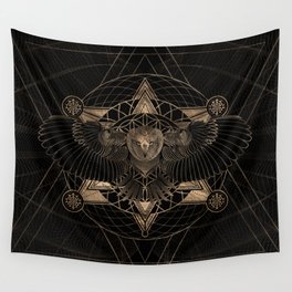 Owl in Sacred Geometry Composition - Black and Gold Wall Tapestry | Symmetry, Bird, Floweroflife, Cosmic, Graphicdesign, Geometry, Sriyantra, Triangle, Gold, Mandala 