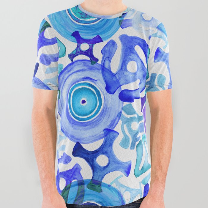 Vinyl Records & Adapters Watercolor Painting Pattern All Over Graphic Tee