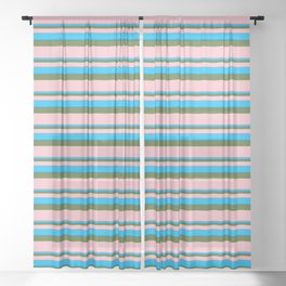 [ Thumbnail: Deep Sky Blue, Dark Olive Green & Pink Colored Lined/Striped Pattern Sheer Curtain ]