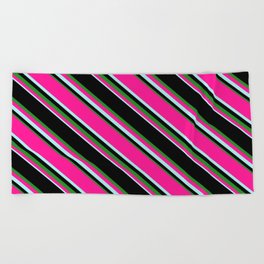 [ Thumbnail: Black, Forest Green, Deep Pink & Turquoise Colored Lined Pattern Beach Towel ]