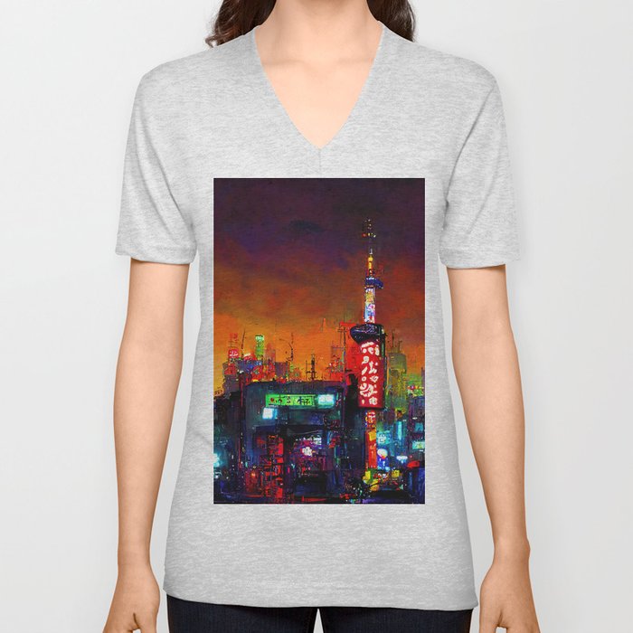Tokyo Cyberpunk Cityscape at Night V Neck T Shirt
