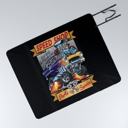 Speed Shop Hot Rod Muscle Car Parts and Service Vintage Cartoon Illustration Picnic Blanket