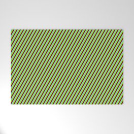 [ Thumbnail: Dark Red, Sky Blue, and Green Colored Lines Pattern Welcome Mat ]