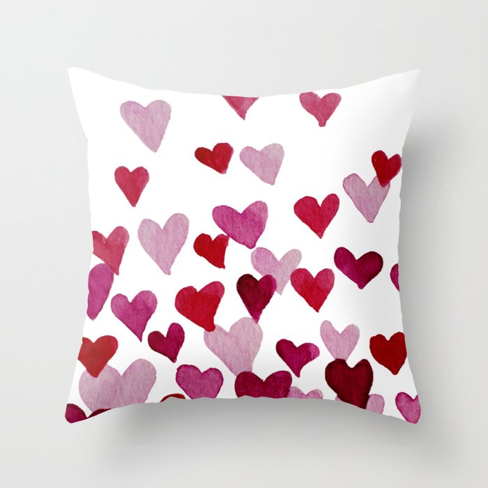Valentine's Day Watercolor Hearts - pink Throw Pillow