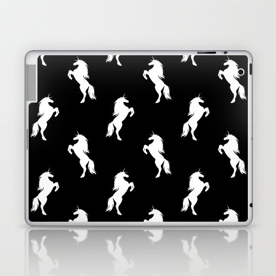 Unicorn Pattern- White Unicorn Silhouettes on Black Background Laptop & iPad Skin